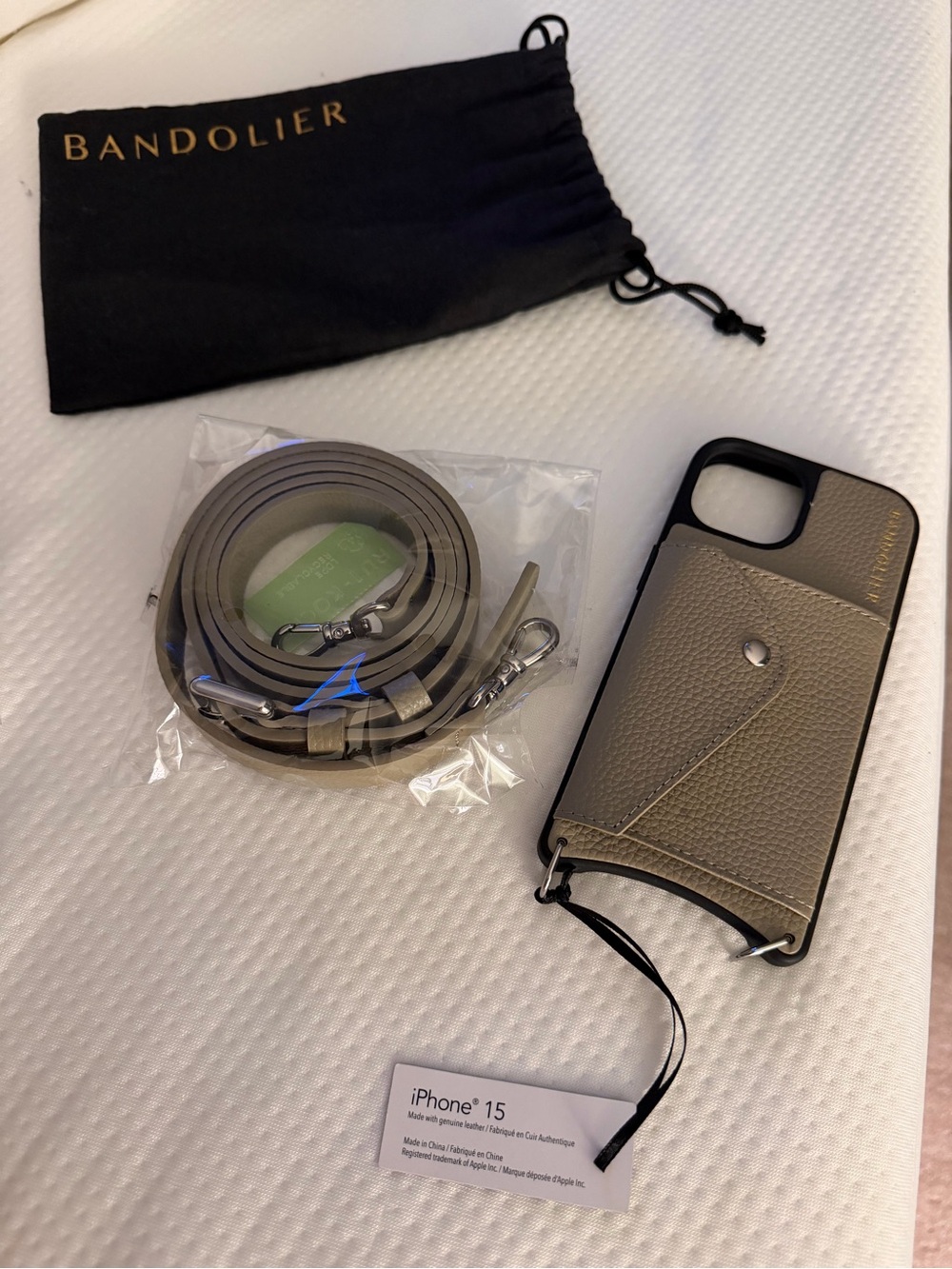 Bandolier Taupe Crossbody iPhone 15 Case with Strap and Card Pocket